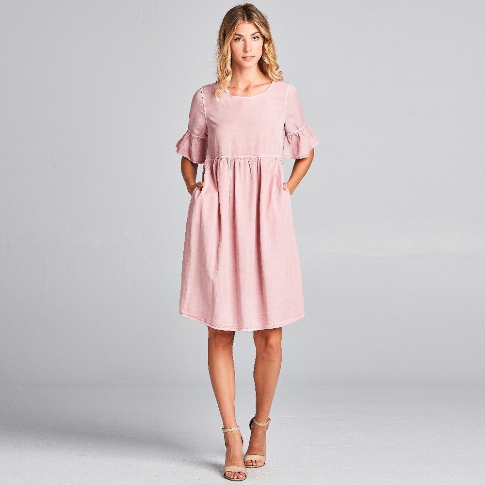 Dusty Mauve Bell-Sleeve Fit & Flare Midi Dress